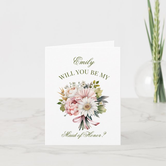 Pink Daisy Bouquet Maid of Honour Proposal Invitation (Front)