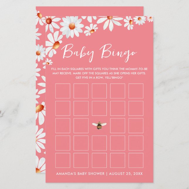 Pink Daisy & Bumblebee Baby Bingo (Front/Back)