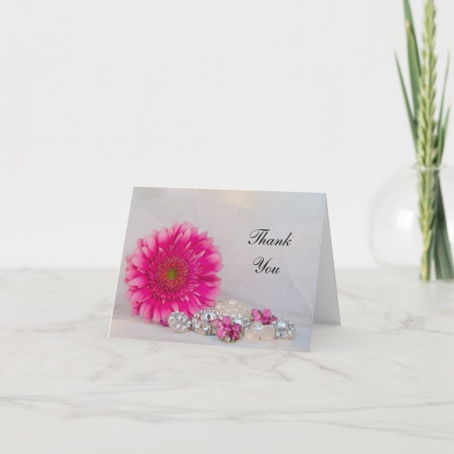 Pink Daisy Diamond Buttons Wedding Thank You Card (Front)