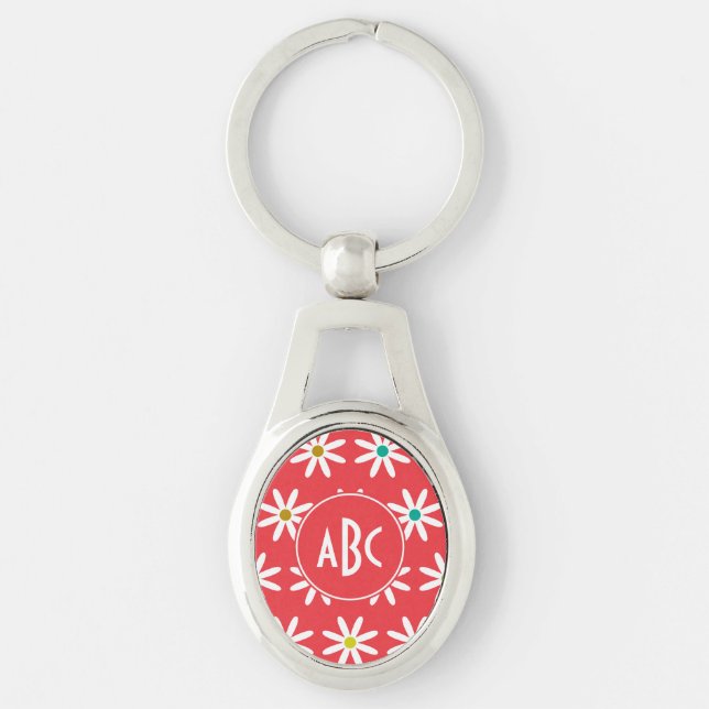 Pink Daisy Dots Monogram Key Ring (Front)