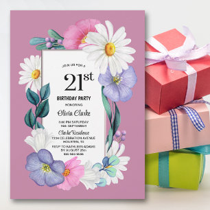 Pink Daisy Floral 21st Birthday Party Invitation