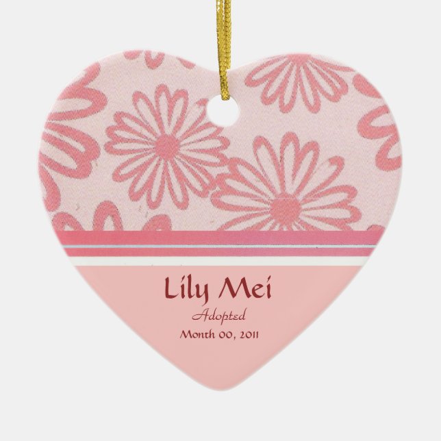 Pink Daisy Floral Adoption Announcement Keepsake Ceramic Tree Decoration (Front)