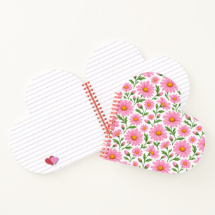 Pink Daisy Floral Botanical Heart Shaped Notebook