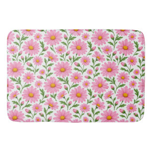Pink Daisy Floral Botanical Pattern Bath Mat