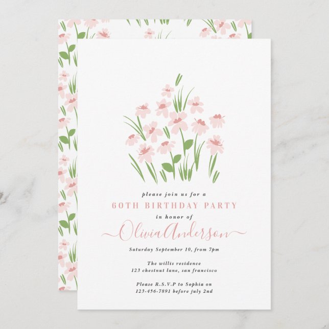 Pink daisy floral elegant beautiful 60th Birthday Invitation (Front/Back)