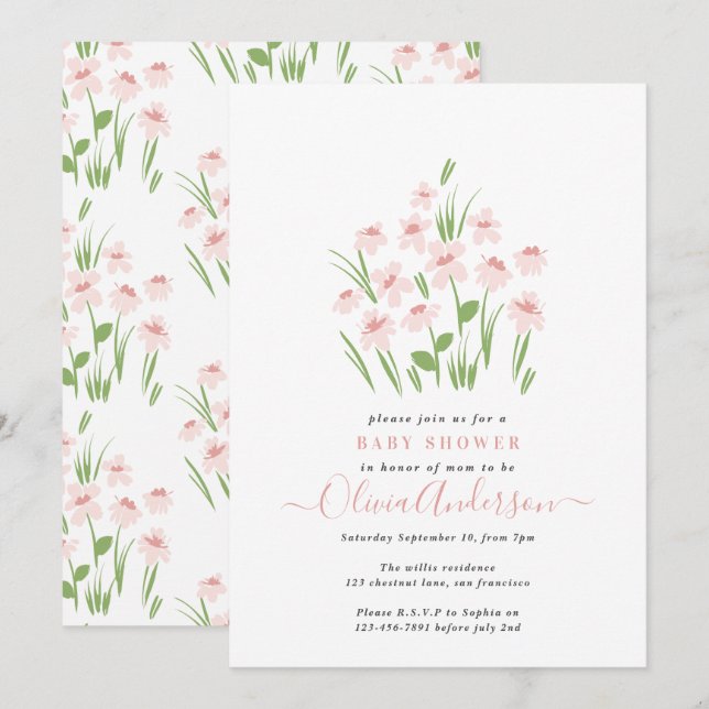 Pink daisy floral elegant beautiful baby shower invitation (Front/Back)