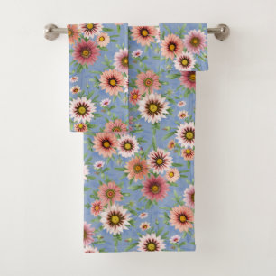 Pink Daisy Floral on Blue Bath Towel Set