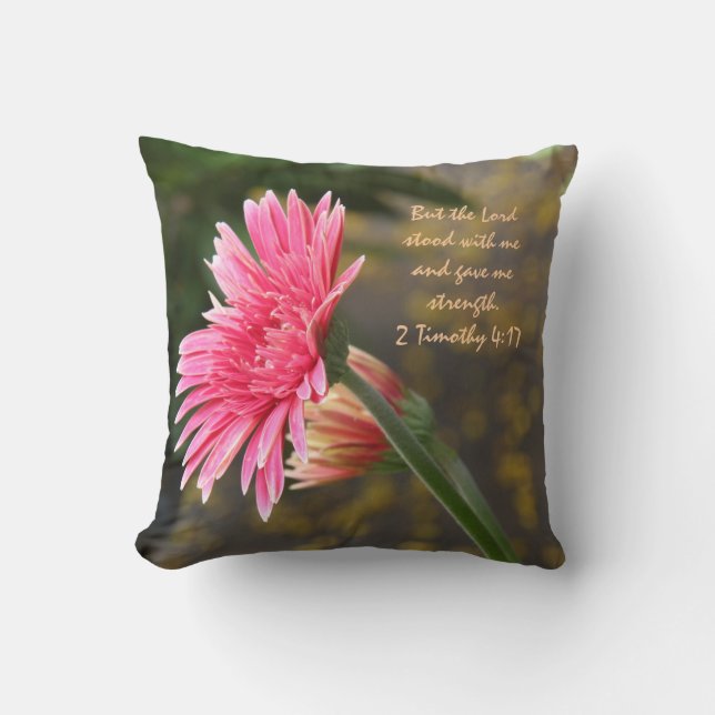 Pink Daisy Floral; Scripture Verse God's Strength Cushion (Front)