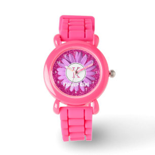 Pink Daisy Flower Girl Glitter Personalised Watch
