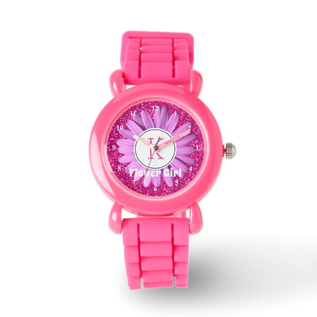 Pink Daisy Flower Girl Glitter Personalised Watch (Front)