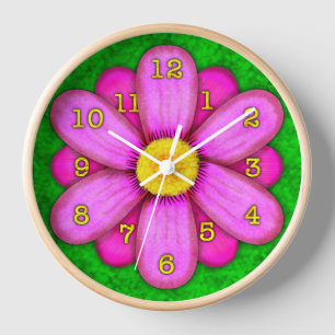 Pink Daisy Flower on Green Beautiful Clock