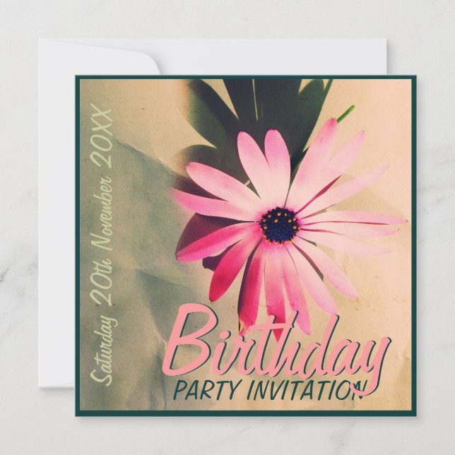 Pink Daisy Flower v2 Birthday Invitations (Front)