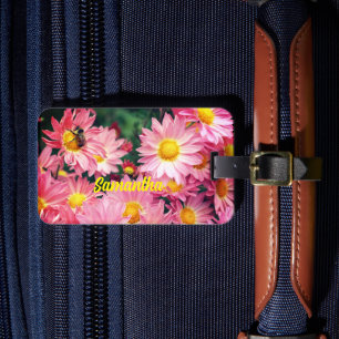 Pink Daisy Flowers And Bumble Bee Personalised Luggage Tag