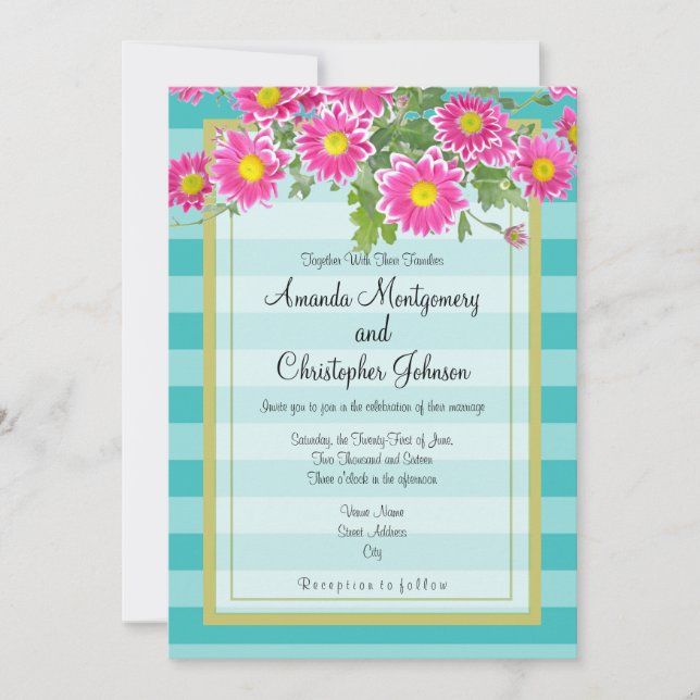 Pink Daisy Flowers on Turquoise Stripes Wedding Invitation (Front)