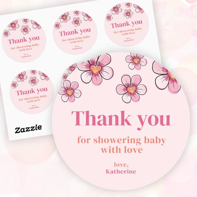 Pink Daisy Girl Baby Shower Thank You  Classic Round Sticker (Pink Daisy Girl Baby Shower Thank You Classic Round Sticker)