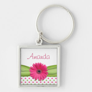 Pink Daisy Green Polka Dot Custom Name Keychain