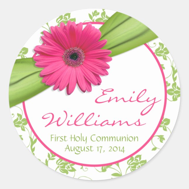Pink Daisy Green White Floral First Communion Classic Round Sticker (Front)