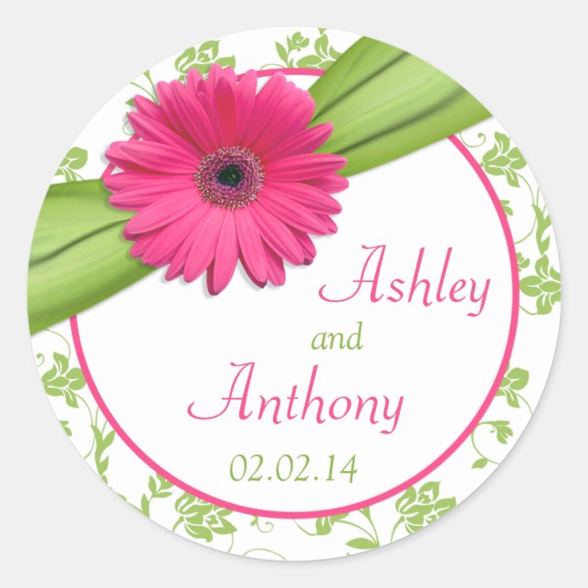 Pink Daisy Green White Floral Wedding Stickers (Front)