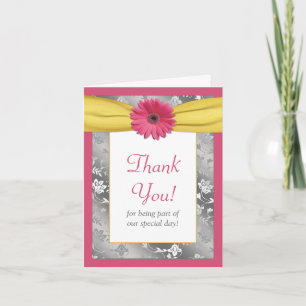 Pink Daisy Grey Yellow Damask Wedding Thank You Card
