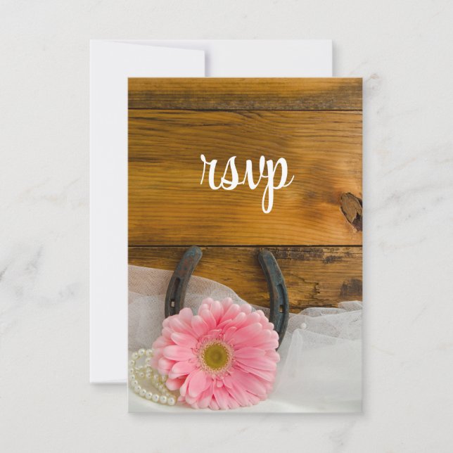 Pink Daisy Horseshoe Country Western Wedding RSVP Card (Front)