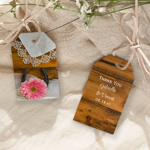 Pink Daisy, Lace and Horseshoe Wedding Favour Tags