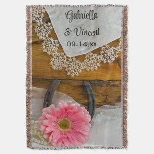 Pink Daisy, Lace and Horseshoe Western Wedding Throw Blanket