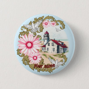 Pink Daisy Lighthouse pin button