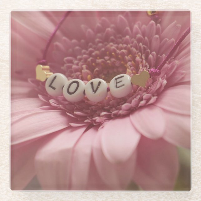 Pink Daisy Love Glass Coaster (Front)