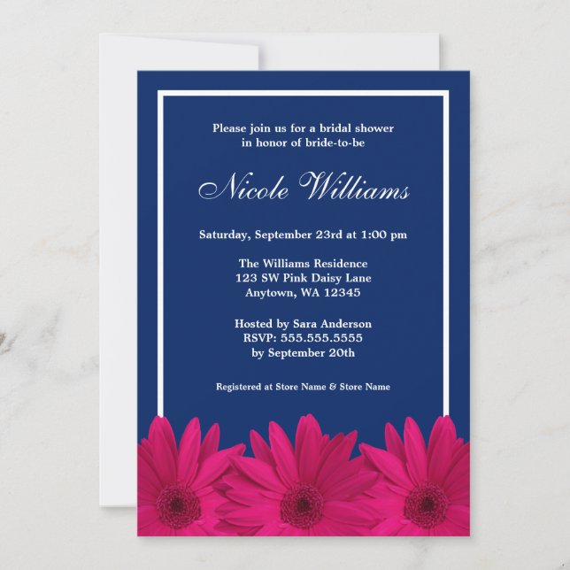 Pink Daisy Navy Blue Border Bridal Shower Invitation (Front)
