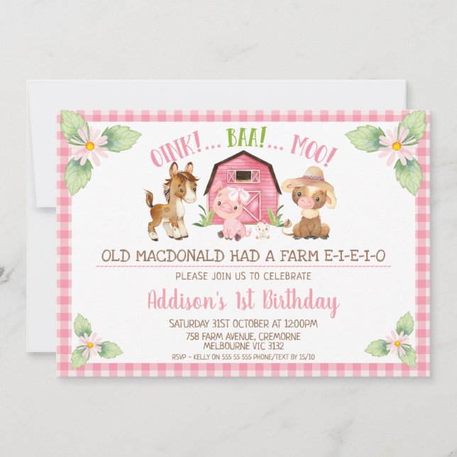 Pink Daisy Oink Baa Moo Farm 1st Birthday  Invitation (Front)