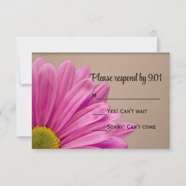 Pink Daisy on Tan Wedding RSVP Response Card (Front)