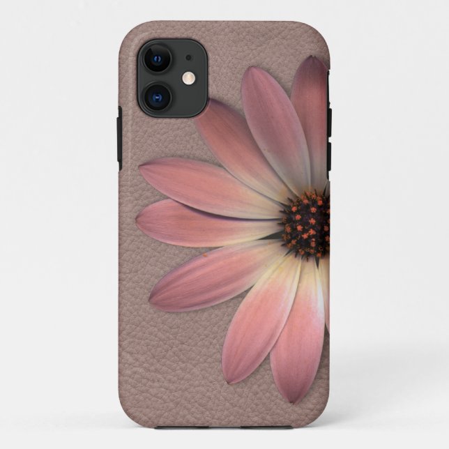 Pink Daisy on Taupe Leather Print Case-Mate iPhone Case (Back)