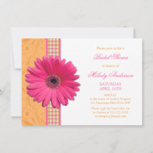 Pink Daisy Orange Plaid Recipe Bridal Shower Invitation