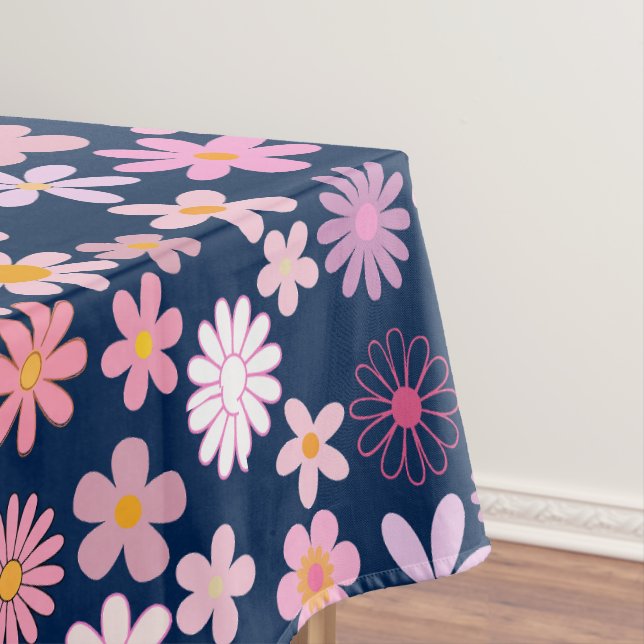 Pink Daisy Pattern 01.bw DBlue BG Tablecloth (In Situ)