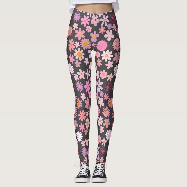 Pink Daisy Pattern 01.bw DGrey BG Leggings (Front)