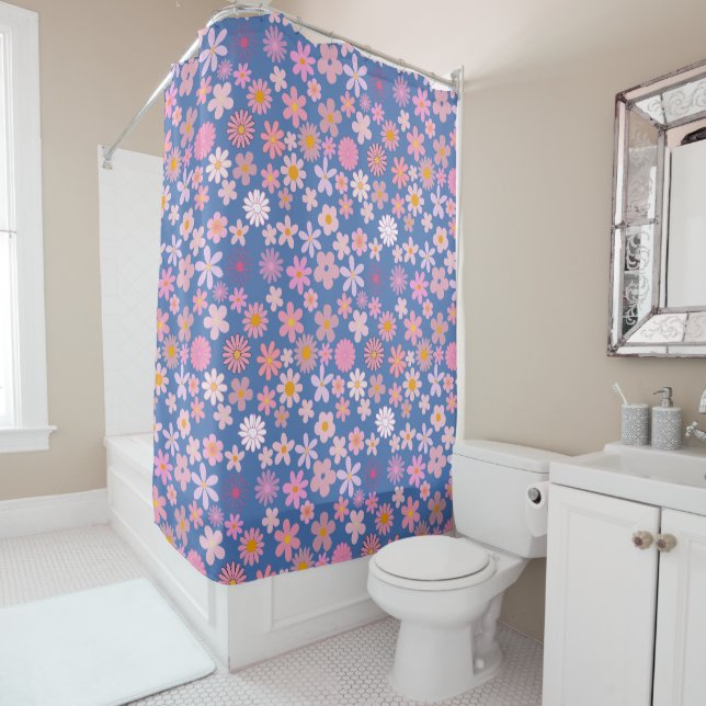 Pink Daisy Pattern 01.bw LBlue BG Shower Curtain (In Situ)