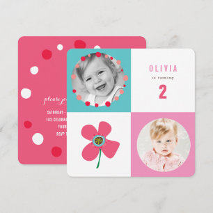 Pink Daisy Pop Squares Girl Birthday Photo Invite
