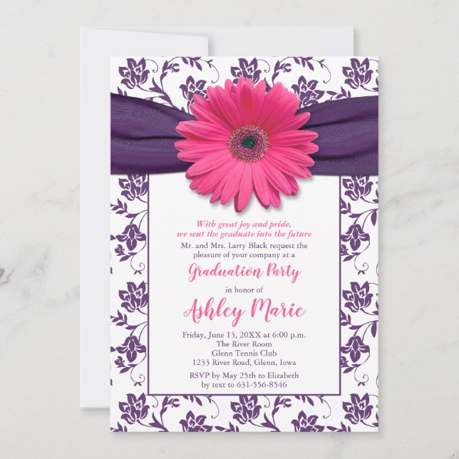 Pink Daisy Purple Damask Graduation Invitation (Front)