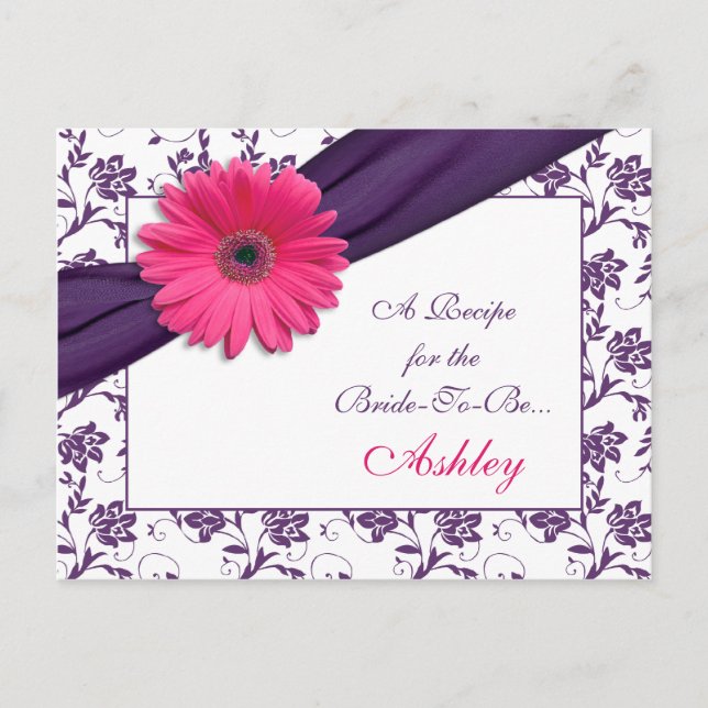 Pink Daisy Purple Damask Recipe Card for the Bride (Front)