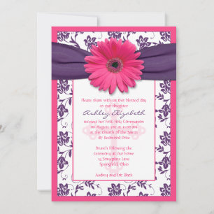 Pink Daisy Purple Floral First Communion Invitation