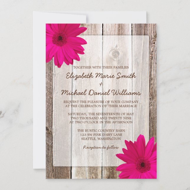 Pink Daisy Rustic Barn Wood Wedding Invitation (Front)
