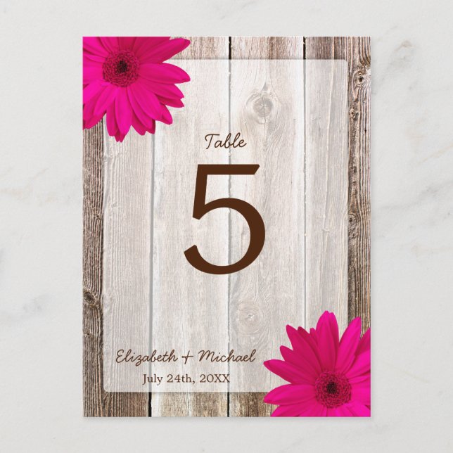 Pink Daisy Rustic Barn Wood Wedding Table Number Postcard (Front)
