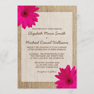 Pink Daisy Rustic Burlap Wedding Invitation