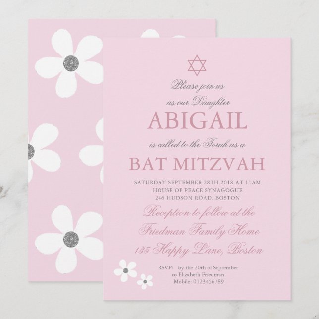 Pink Daisy Silver Invitation (Front/Back)