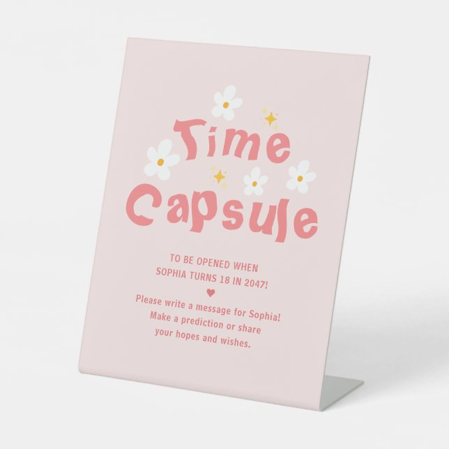 Pink Daisy Spring First Birthday Time Capsule  Pedestal Sign (Front)