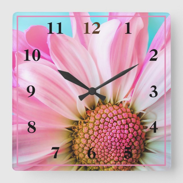 Pink Daisy Square Wall Clock (Front)