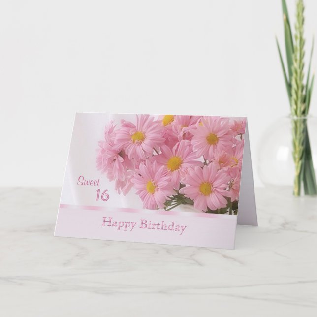 Pink daisy Sweet 16 Birthday card (Front)