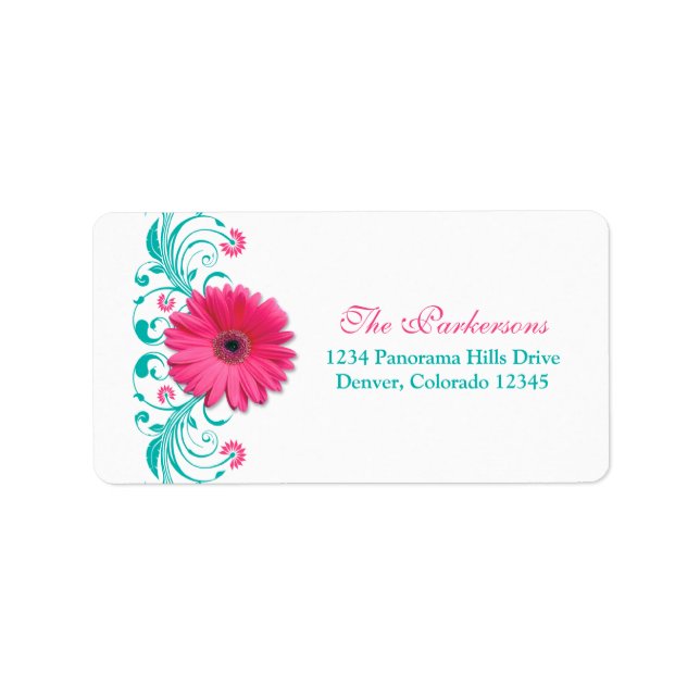 Pink Daisy Turquoise Floral Wedding Address Label (Front)