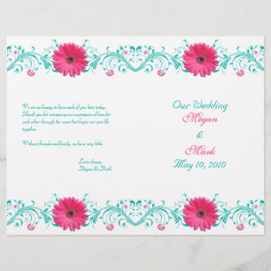 Pink Daisy Turquoise Floral Wedding Program