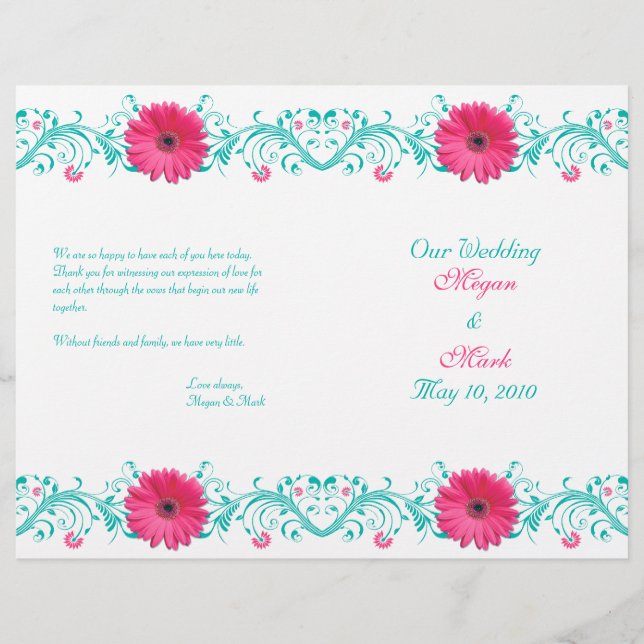 Pink Daisy Turquoise Floral Wedding Program (Front)